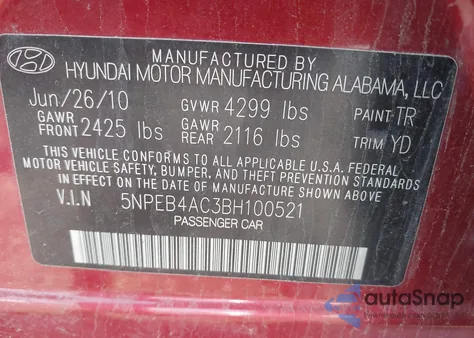 2011 Hyundai Sonata Gls z USA, uszkodzony, nr VIN 5NPEB4AC3BH100521